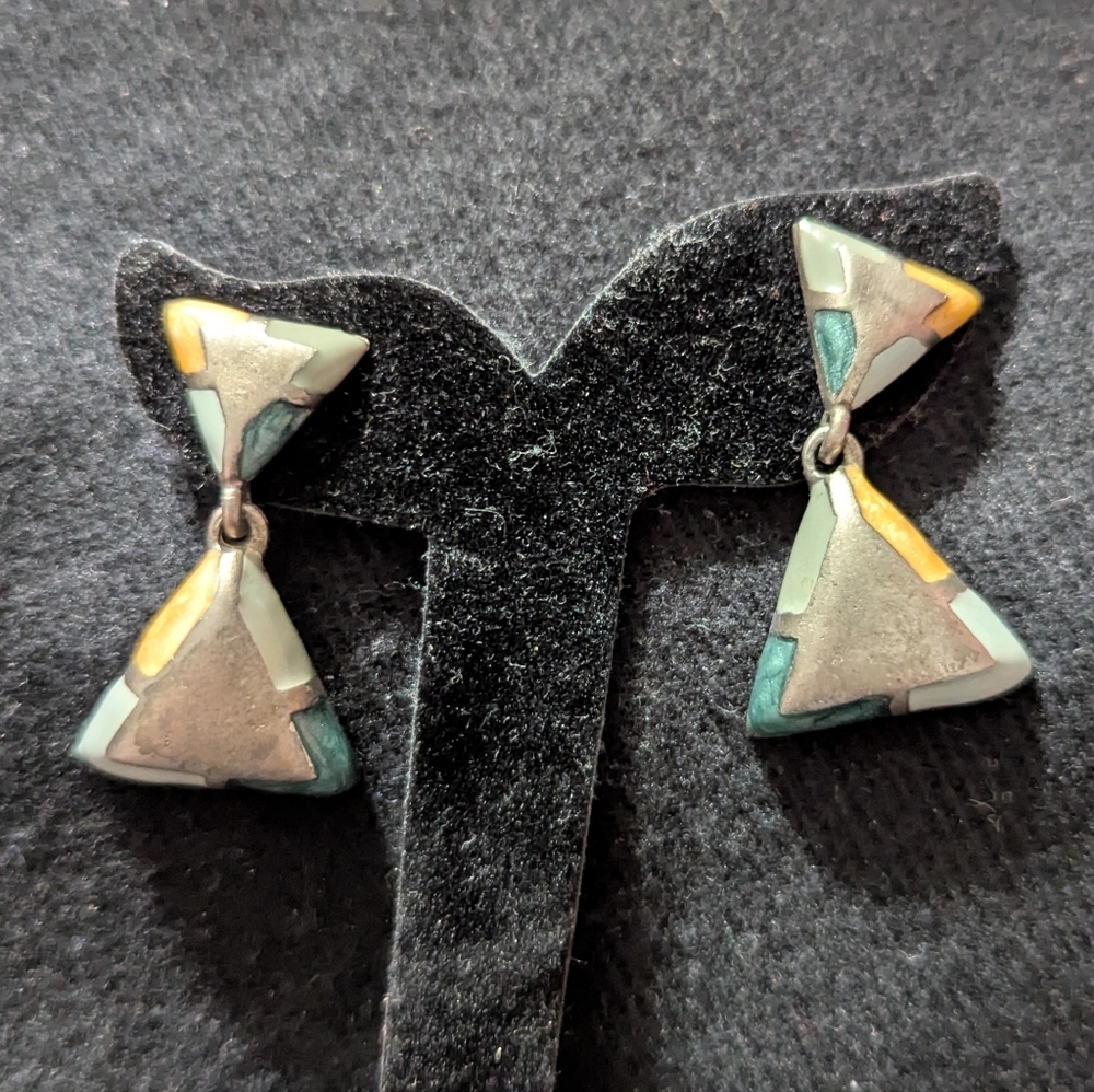 Silver Tone Blue Yellow Enamel Triangle Geometric Dangle Statement Earrings